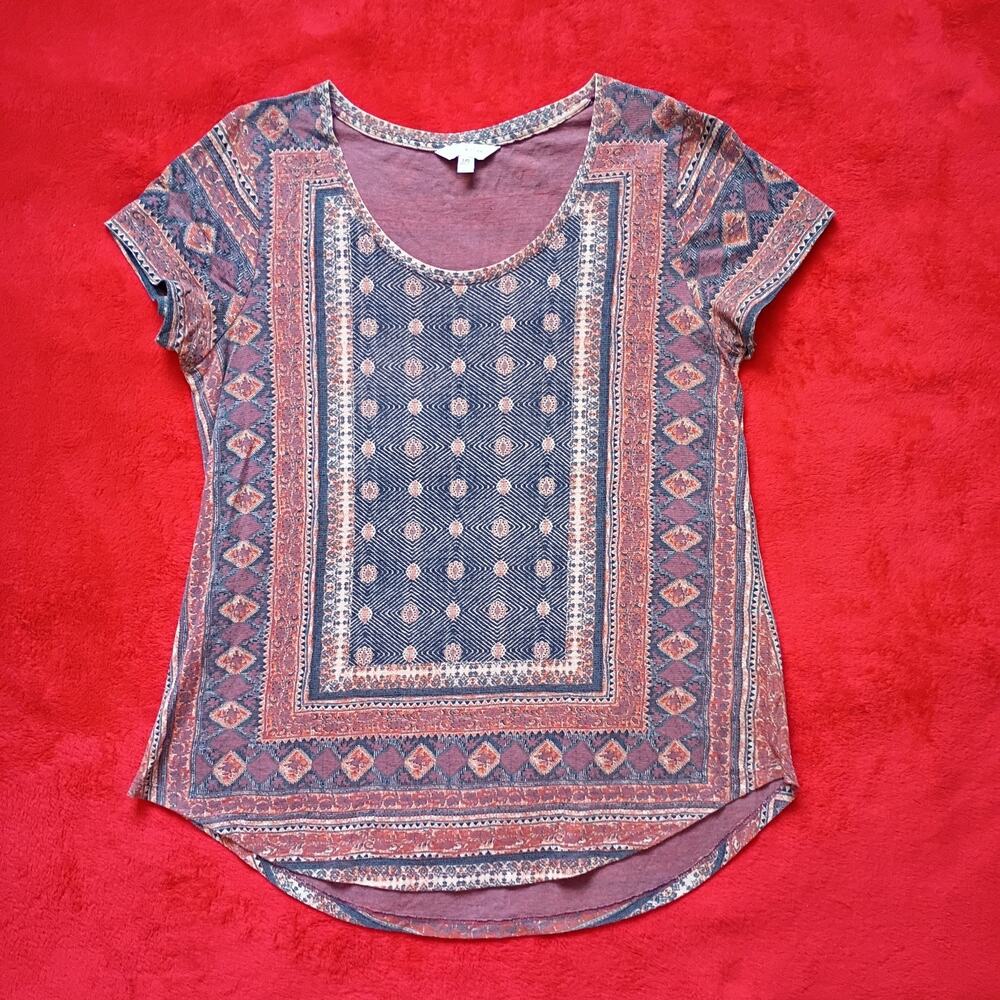 Lucky Brand Bandana Print Tee Shirt Blouse Womens L Romantic Boho Western Hippie